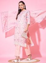 Linen Cotton Baby Pink Casual Wear Digital Print Readymade Kurti With Bottom